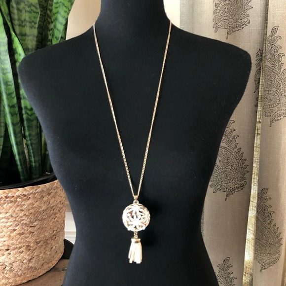 Long Gold Tone White Floral Sphere Pendant Necklace with tassel accent Crystals - Picture 1 of 3